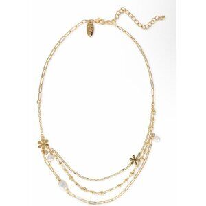 Gold Tone Layered Necklace Faux Pearl Crystal Floral Chic Trendy Stunning Style